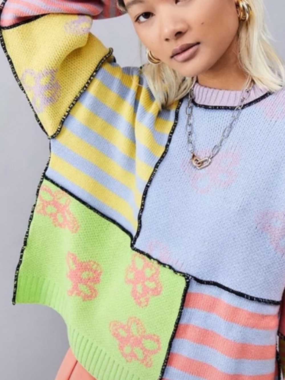 Ragged Priest Patchwork Knit Sweater Cropped Colorblock Grunge Indie